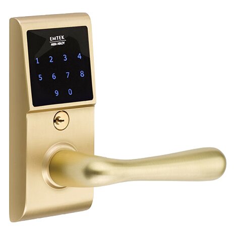 Basel Right Hand Emtouch Storeroom Lever with Electronic Touchscreen Lock in Satin Brass