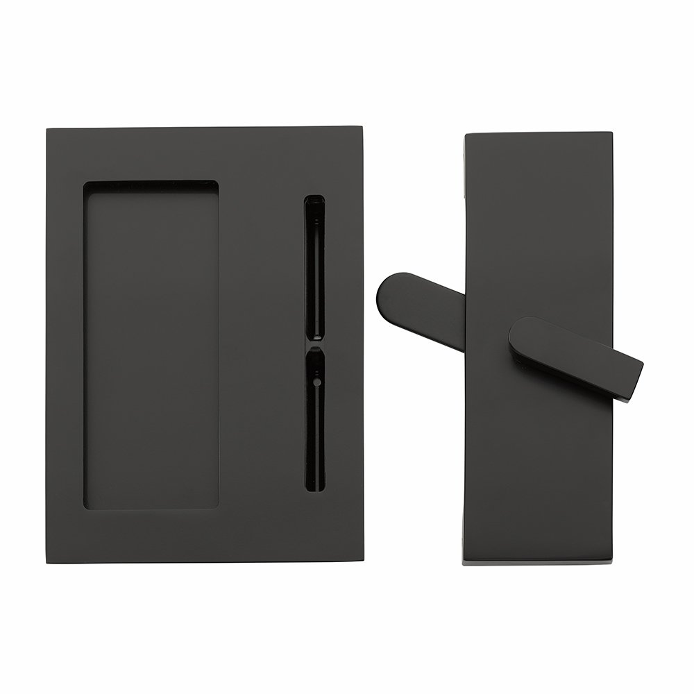 Modern Rectangular Barn Door Privacy Lock and Flush Pull with Integrated Strike in Flat Black