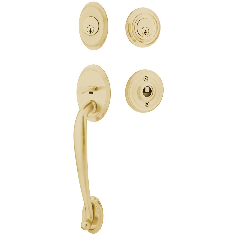 Double Cylinder Saratoga Handleset with Ice White Knob in Satin Brass