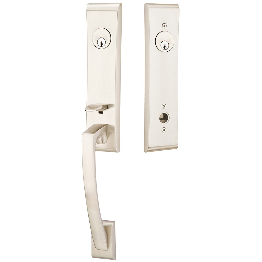 Double Cylinder Apollo Handleset with Freestone Square Knob in Satin Nickel
