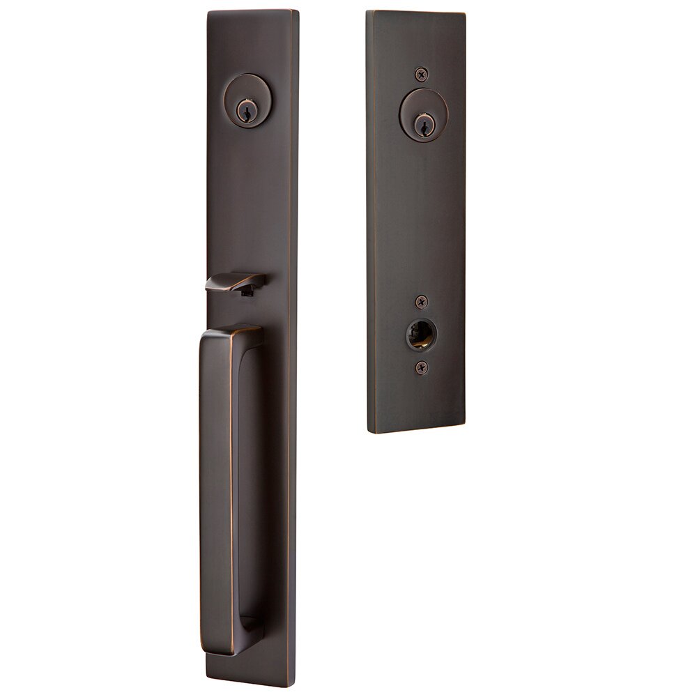 Double Cylinder Lausanne Handleset with Modern Square Crystal Knob in Oil Rubbed Bronze