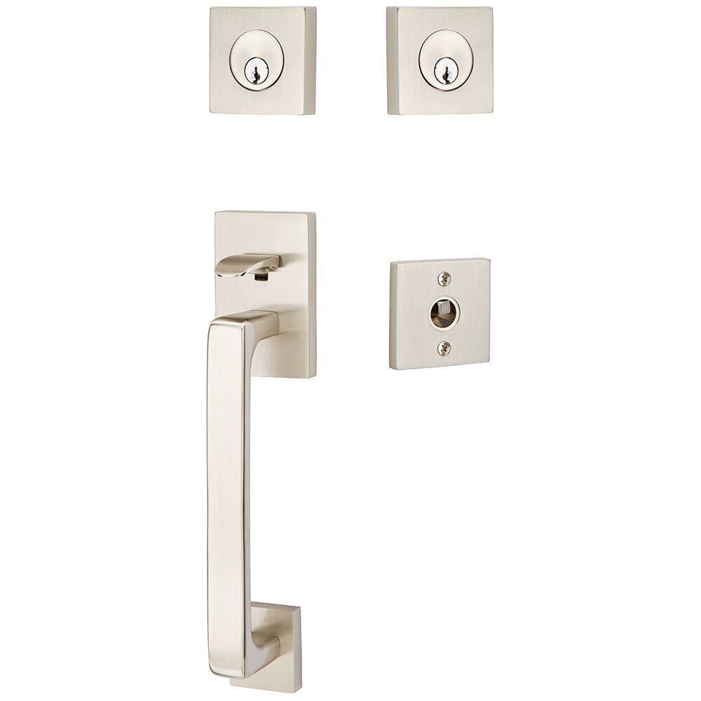 Double Cylinder Baden Handleset with Freestone Square Knob in Satin Nickel