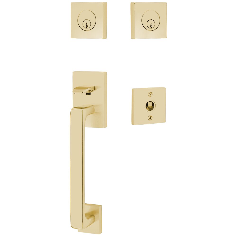 Double Cylinder Baden Handleset with Freestone Square Knob in Satin Brass