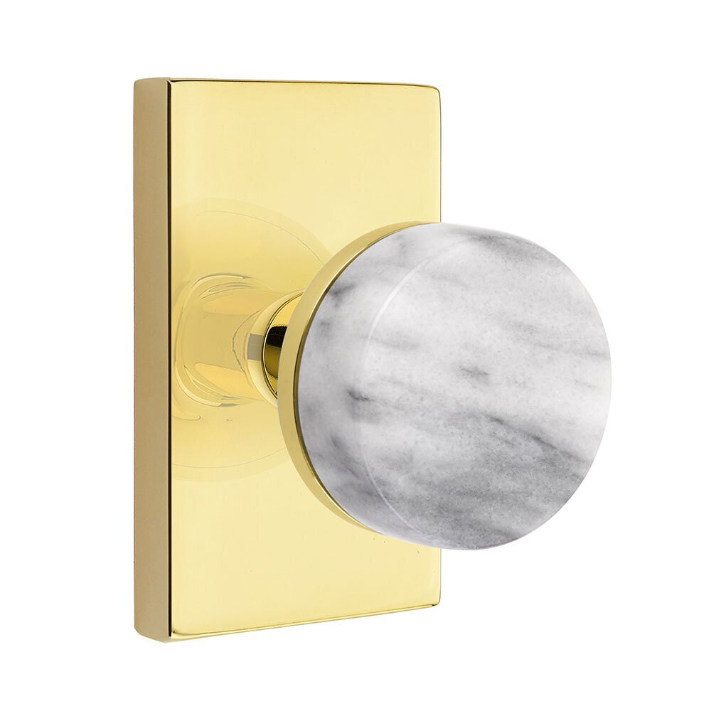 Double Dummy Modern Rectangular Rosette with Conical Stem and White Marble Knob in Unlacquered Brass
