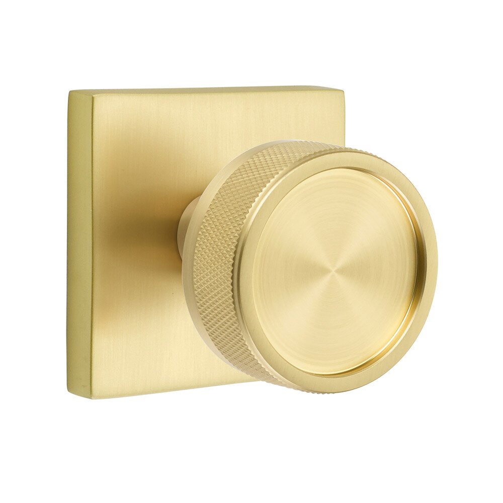 Passage Square Rosette with Concealed Screws Conical Stem and Knurled Knob in Satin Brass