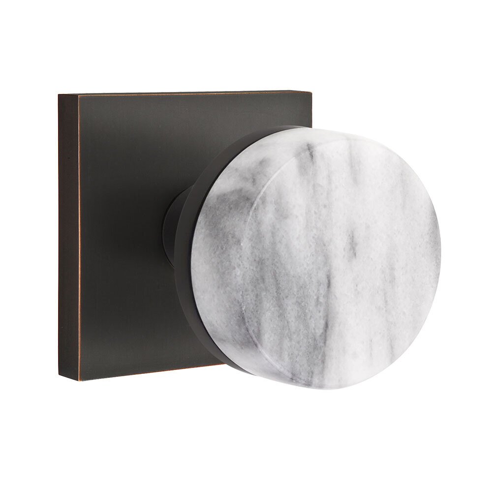 Passage Square Rosette with Concealed Screws Conical Stem and White Marble Knob in Oil Rubbed Bronze