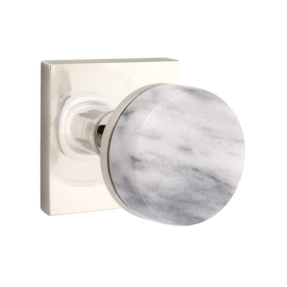 Passage Square Rosette with Conical Stem and White Marble Knob in Polished Nickel