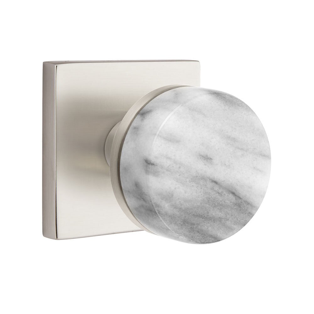 Passage Square Rosette with Conical Stem and White Marble Knob in Satin Nickel