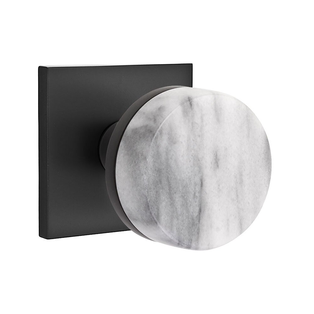 Passage Square Rosette with Conical Stem and White Marble Knob in Flat Black