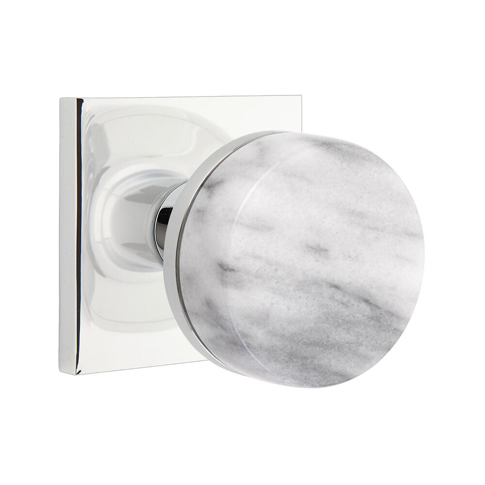 Passage Square Rosette with Conical Stem and White Marble Knob in Polished Chrome