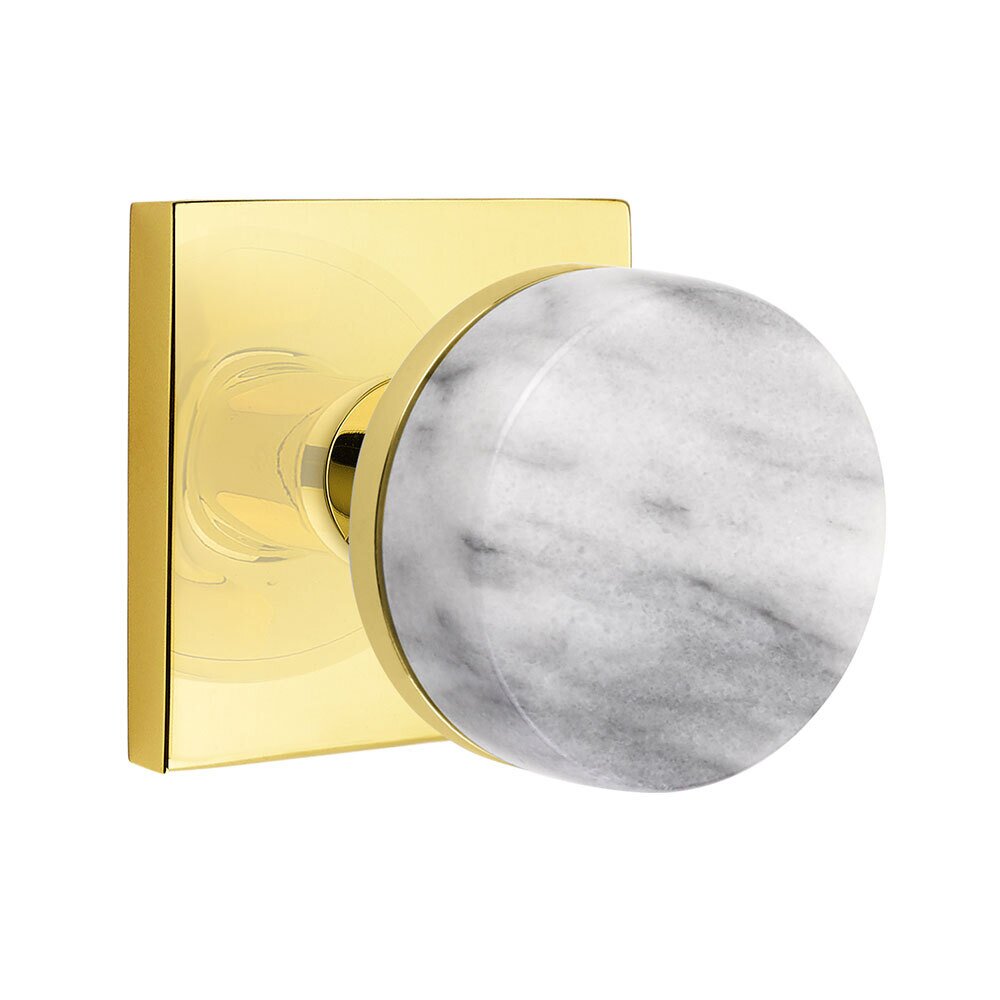 Passage Square Rosette with Concealed Screws Conical Stem and White Marble Knob in Unlacquered Brass