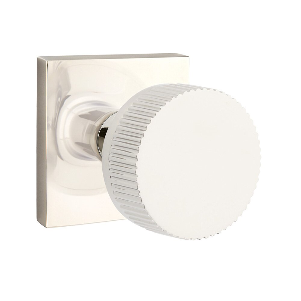 Passage Square Rosette with Concealed Screws Conical Stem and Straight Knurled Knob in Polished Nickel
