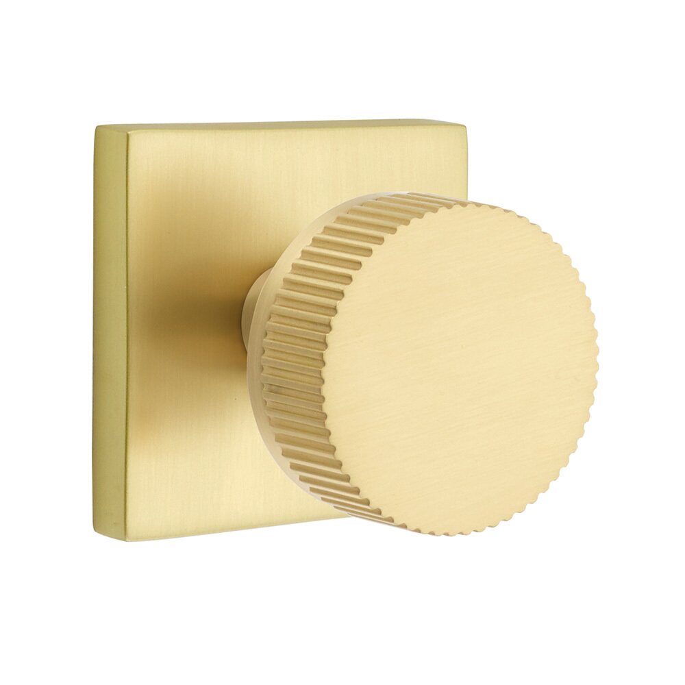 Passage Square Rosette with Concealed Screws Conical Stem and Straight Knurled Knob in Satin Brass