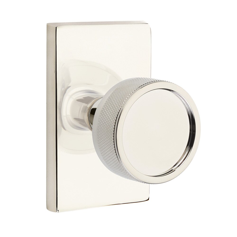 Passage Modern Rectangular Rosette with Concealed Screws Conical Stem and Knurled Knob in Polished Nickel
