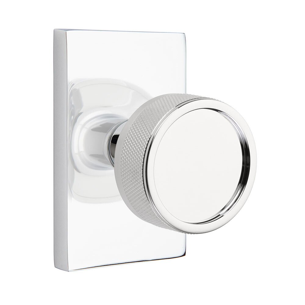 Passage Modern Rectangular Rosette with Concealed Screws Conical Stem and Knurled Knob in Polished Chrome