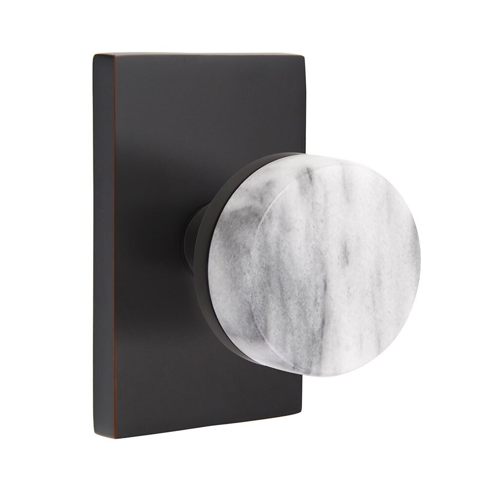 Passage Modern Rectangular Rosette with Concealed Screws Conical Stem and White Marble Knob in Oil Rubbed Bronze
