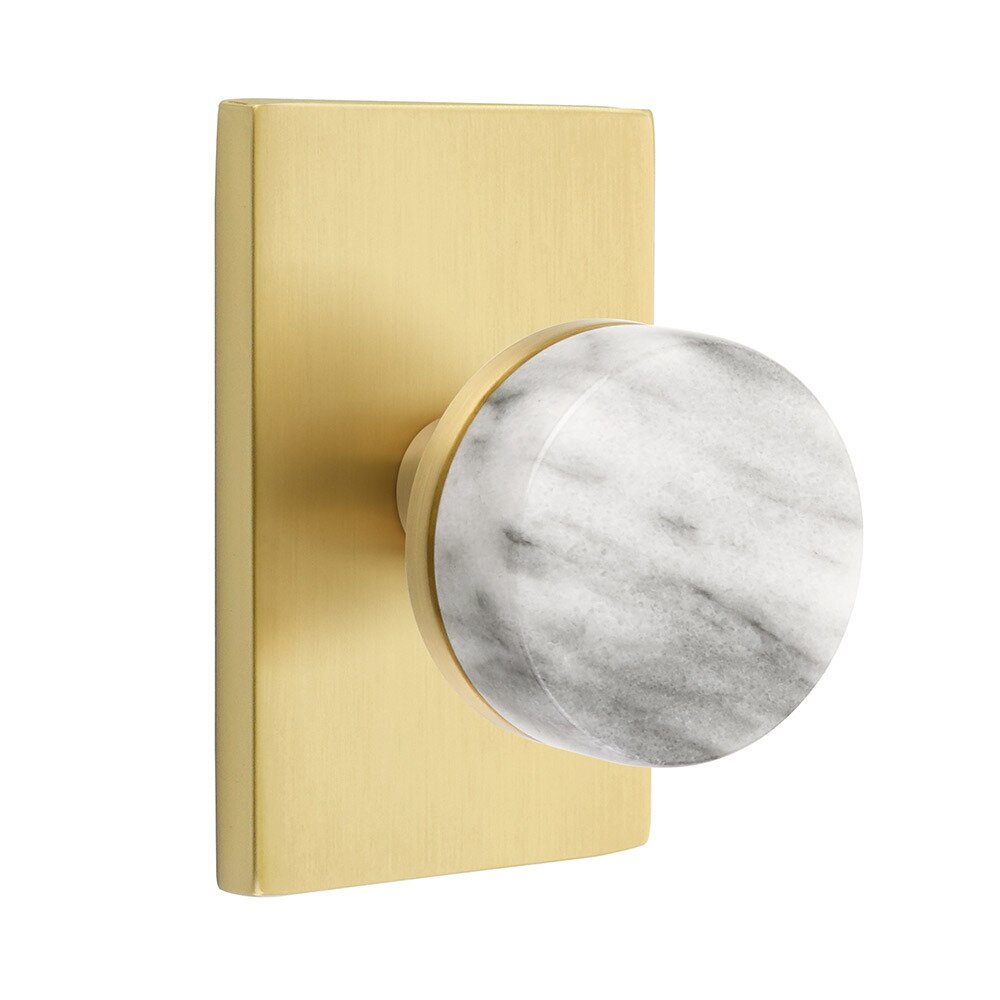 Passage Modern Rectangular Rosette with Concealed Screws Conical Stem and White Marble Knob in Satin Brass