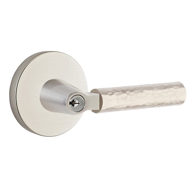 Key In L-Square Hammered Right Handed Lever with Disk Rosette in Satin Nickel