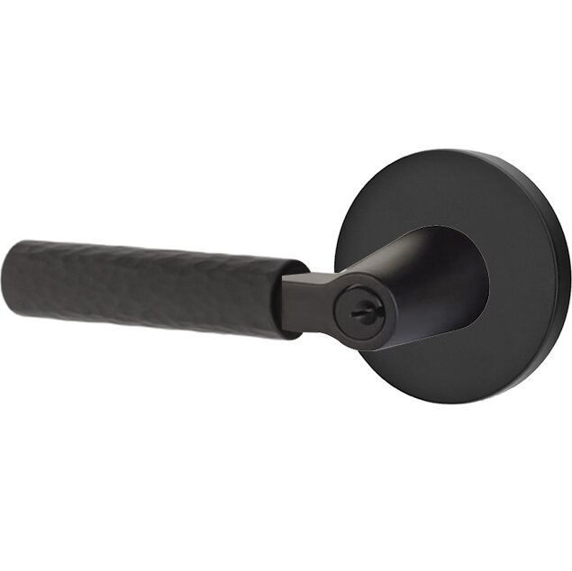 Key In L-Square Hammered Left Handed Lever with Disk Rosette in Flat Black