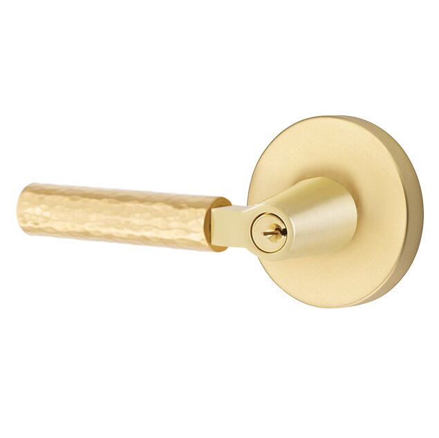 Key In L-Square Hammered Left Handed Lever with Disk Rosette in Satin Brass