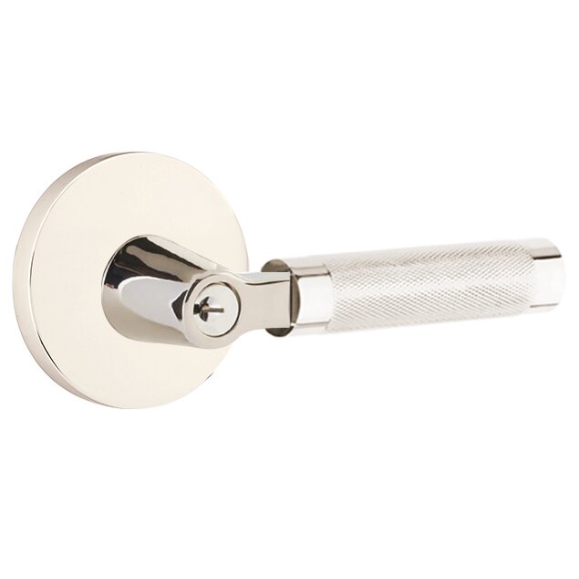 Key In L-Square Knurled Right Handed Lever with Disk Rosette in Polished Nickel
