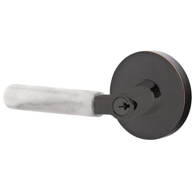 Key In L-Square White Marble Left Handed Lever with Disk Rosette in Oil Rubbed Bronze