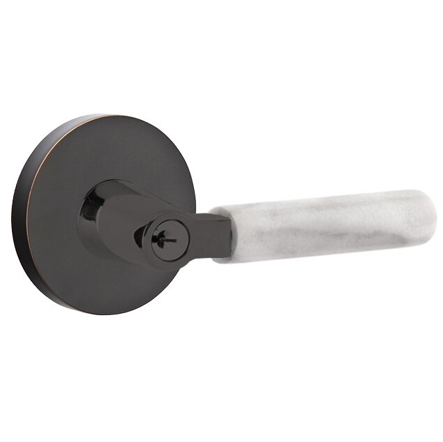 Key In L-Square White Marble Right Handed Lever with Disk Rosette in Oil Rubbed Bronze