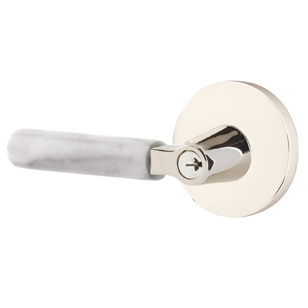 Key In L-Square White Marble Left Handed Lever with Disk Rosette in Polished Nickel
