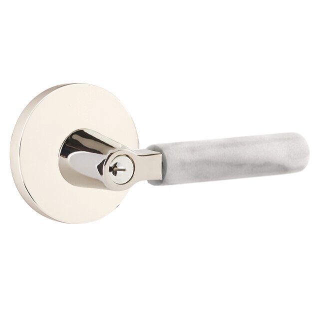 Key In L-Square White Marble Right Handed Lever with Disk Rosette in Polished Nickel