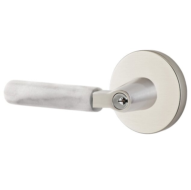 Key In L-Square White Marble Left Handed Lever with Disk Rosette in Satin Nickel