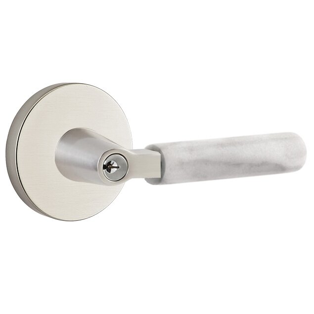 Key In L-Square White Marble Right Handed Lever with Disk Rosette in Satin Nickel