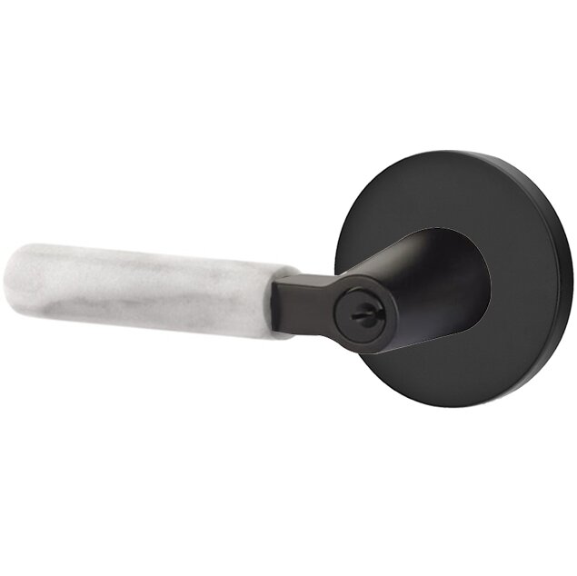 Key In L-Square White Marble Left Handed Lever with Disk Rosette in Flat Black