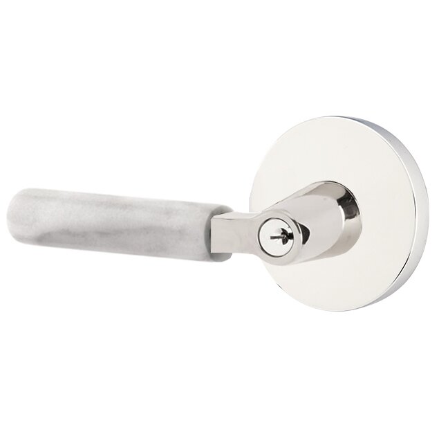 Key In L-Square White Marble Left Handed Lever with Disk Rosette in Polished Chrome