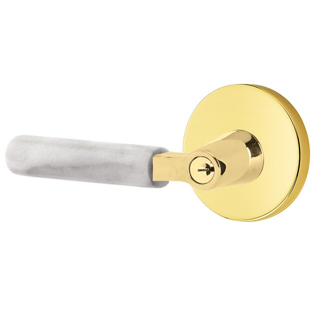 Key In L-Square White Marble Left Handed Lever with Disk Rosette in Unlacquered Brass