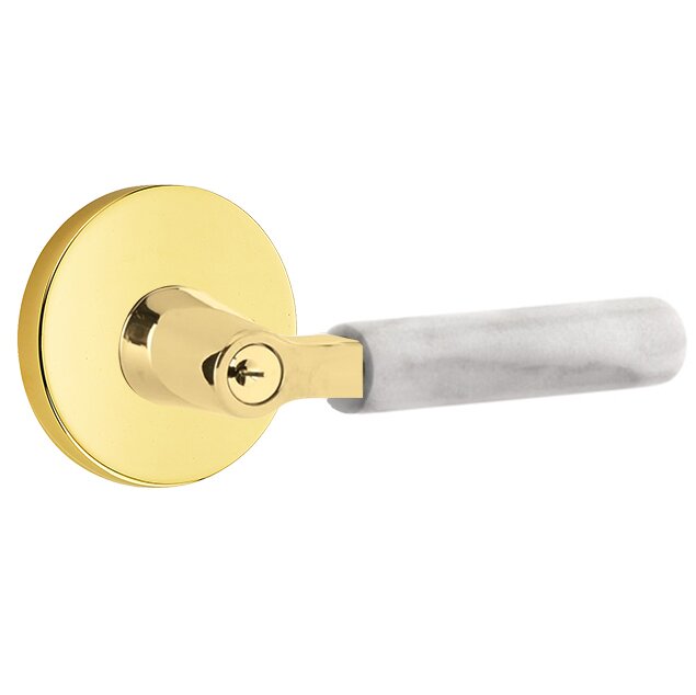 Key In L-Square White Marble Right Handed Lever with Disk Rosette in Unlacquered Brass