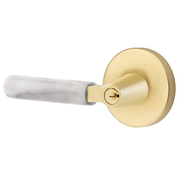 Key In L-Square White Marble Left Handed Lever with Disk Rosette in Satin Brass