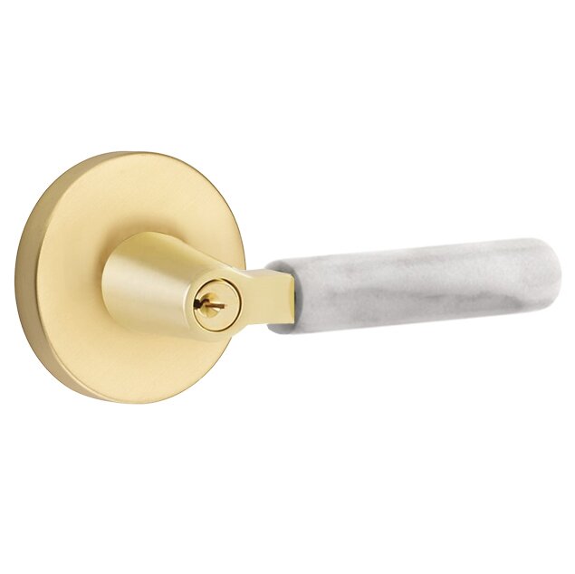Key In L-Square White Marble Right Handed Lever with Disk Rosette in Satin Brass