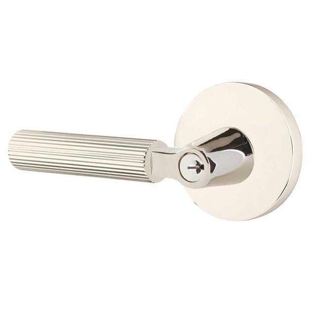 Key In L-Square Straight Knurled Left Handed Lever with Disk Rosette in Polished Nickel