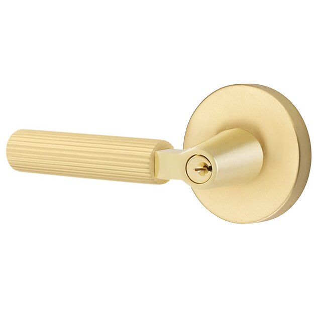 Key In L-Square Straight Knurled Left Handed Lever with Disk Rosette in Satin Brass