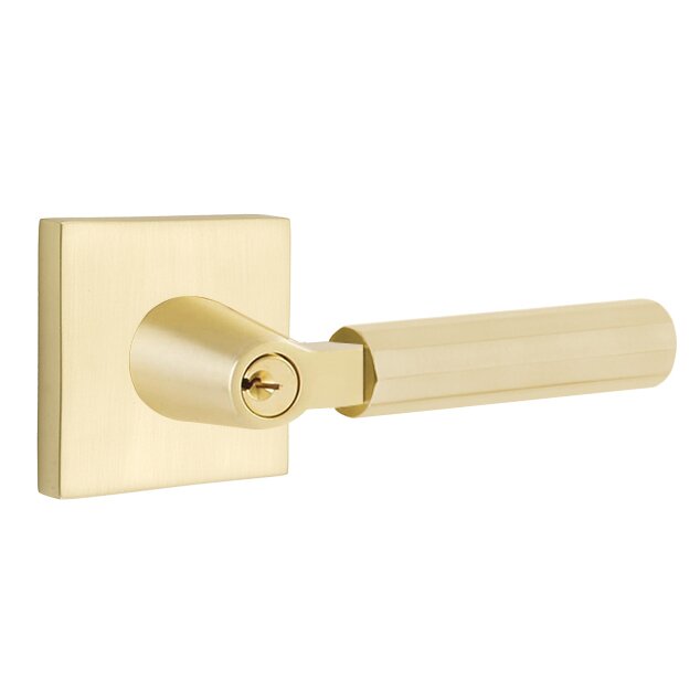Key In L-Square Faceted Right Handed Lever with Square Rosette in Satin Brass