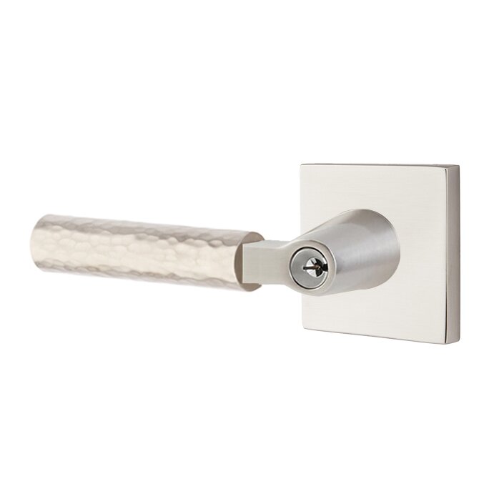 Key In L-Square Hammered Left Handed Lever with Square Rosette in Satin Nickel