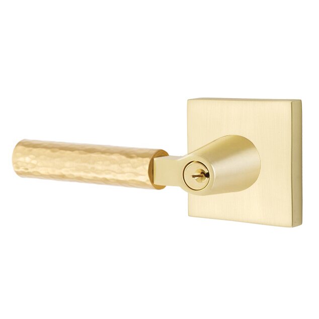 Key In L-Square Hammered Left Handed Lever with Square Rosette in Satin Brass