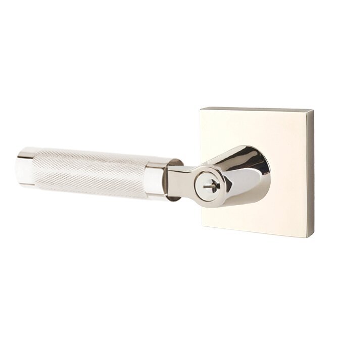 Key In L-Square Knurled Left Handed Lever with Square Rosette in Polished Nickel