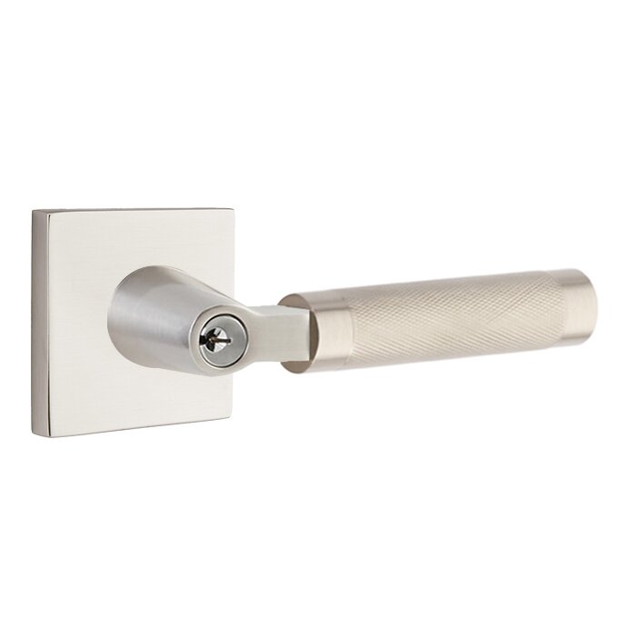 Key In L-Square Knurled Right Handed Lever with Square Rosette in Satin Nickel