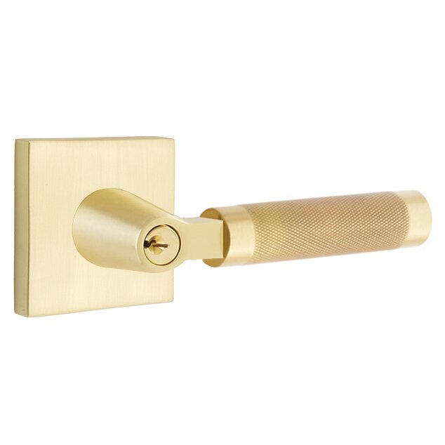 Key In L-Square Knurled Right Handed Lever with Square Rosette in Satin Brass