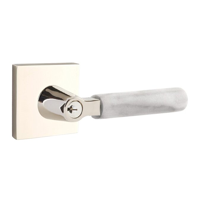 Key In L-Square White Marble Right Handed Lever with Square Rosette in Polished Nickel