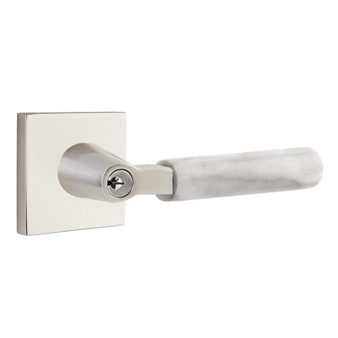 Key In L-Square White Marble Right Handed Lever with Square Rosette in Satin Nickel