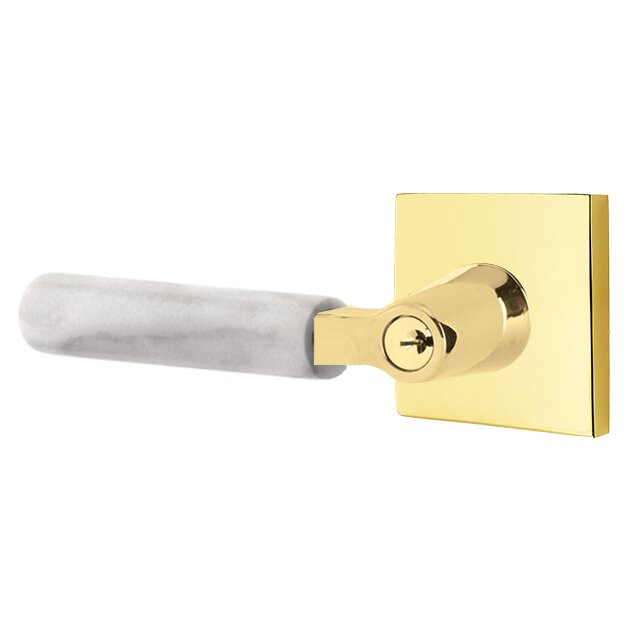 Key In L-Square White Marble Left Handed Lever with Square Rosette in Unlacquered Brass