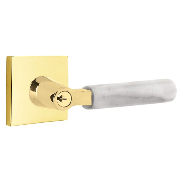 Key In L-Square White Marble Right Handed Lever with Square Rosette in Unlacquered Brass