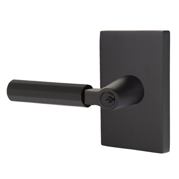 Key In L-Square Faceted Left Handed Lever with Modern Rectangular Rosette in Flat Black
